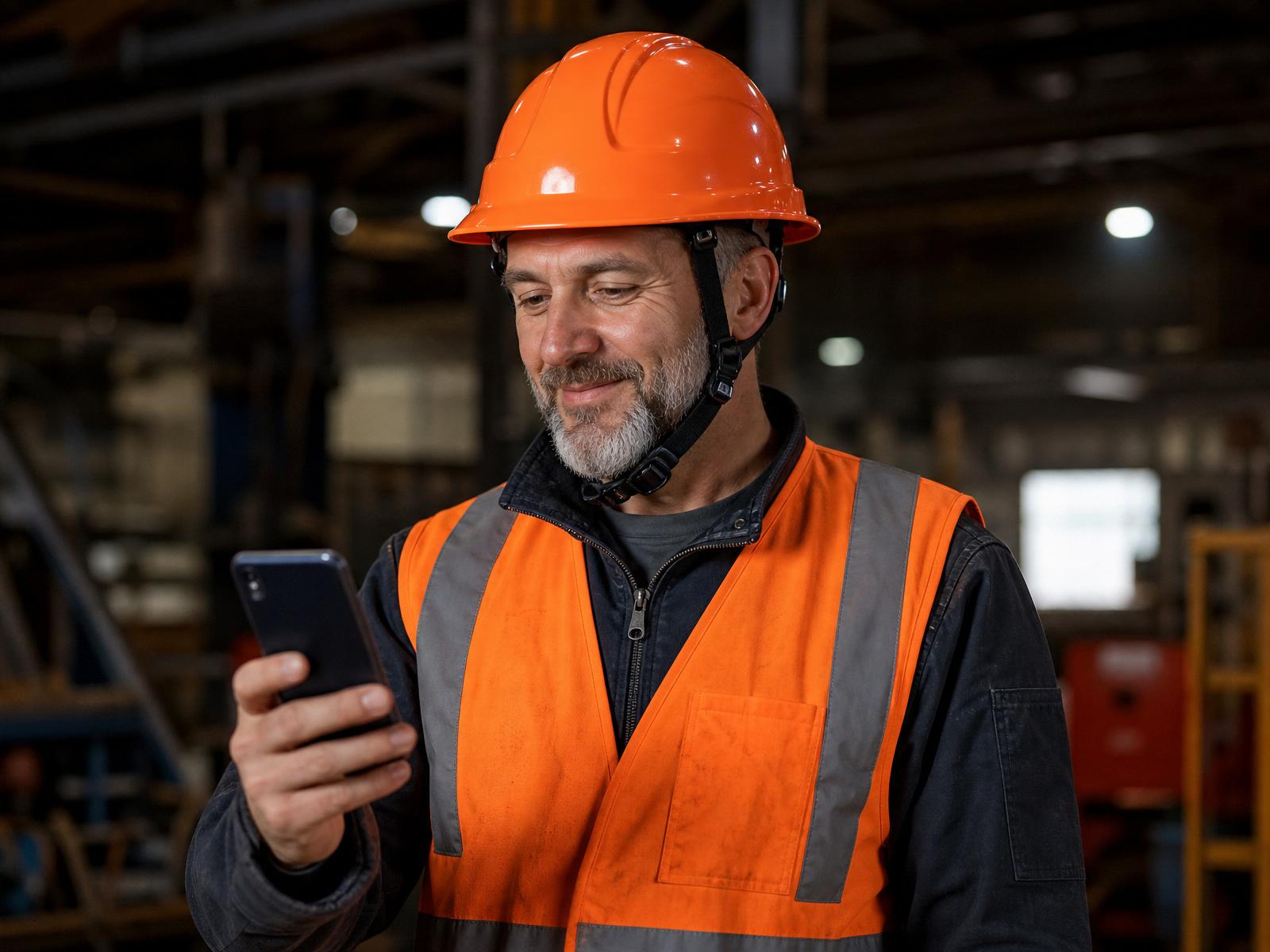 Contractor on a jobsite texting RIGGO from a smartphone